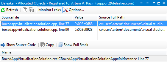 Deleaker Add-in for Visual C++ screen shot