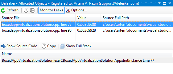 Click to view Deleaker Add-in for Visual C++ 1.1 screenshot