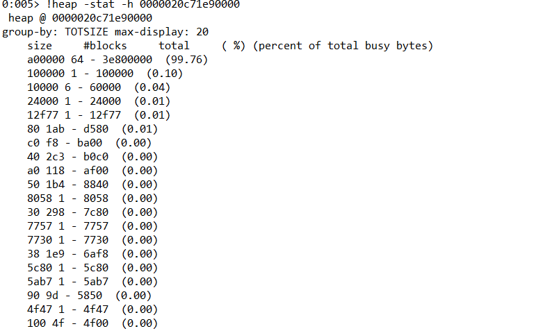 WinDBG displays the first heap block allocations