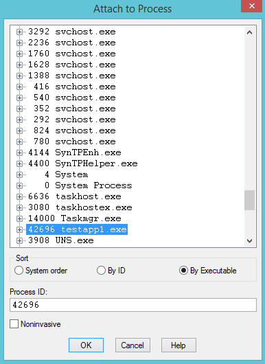 Attach to a process Window in WinDbg