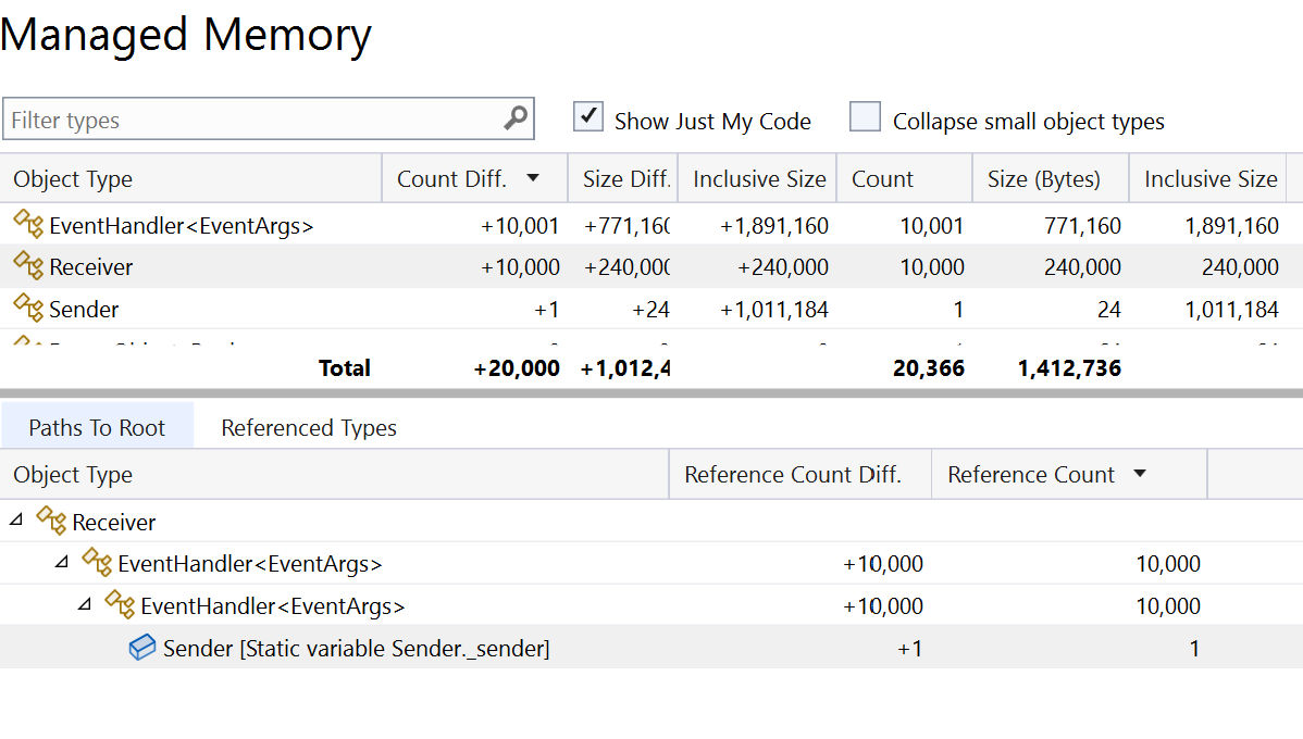 Visual Studio - view managed memory