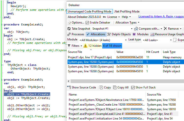 Memory leaks report