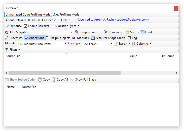 Memory profiler window