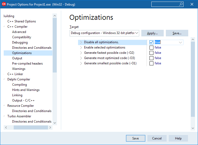 Diable optimizations in C++ Builder