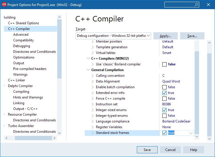 Enable stack frames in C++ Builder