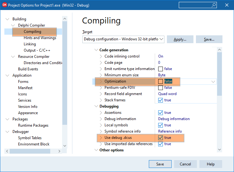 Disable optimization in Delphi