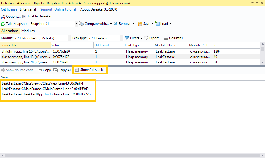 Short stack trace