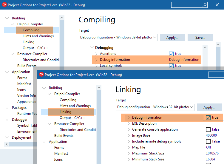 Make the compiler generate debug information in Delphi