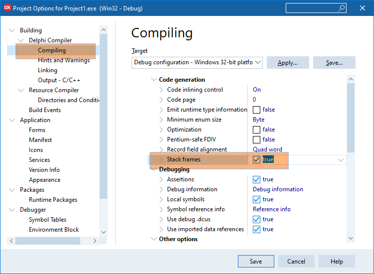 Enable stack frames in Delphi