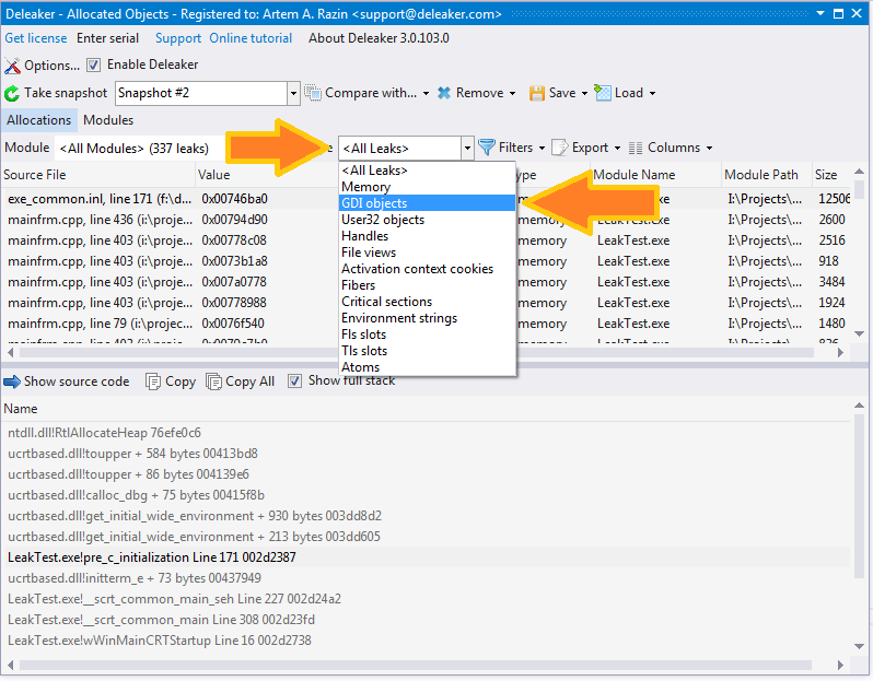 Visual studio memory leak detection with the help of Deleaker