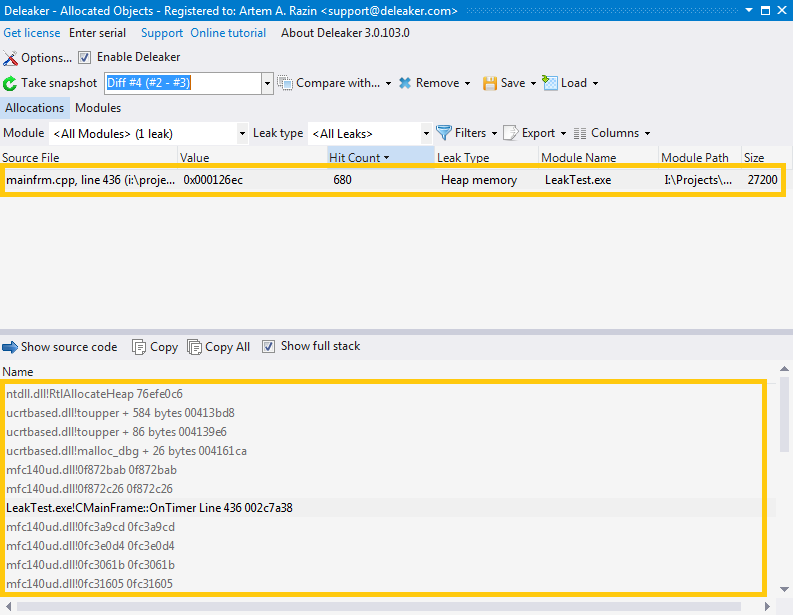 Visual studio memory leak detection with the help of Deleaker