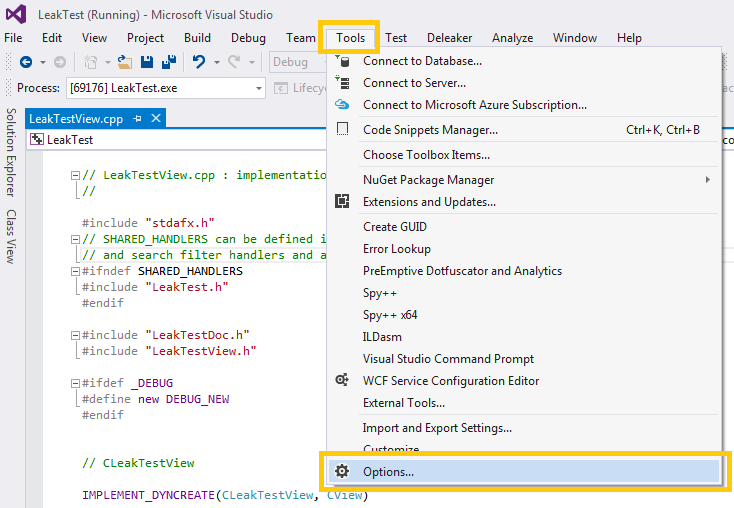 Visual Studio: Tools - Options